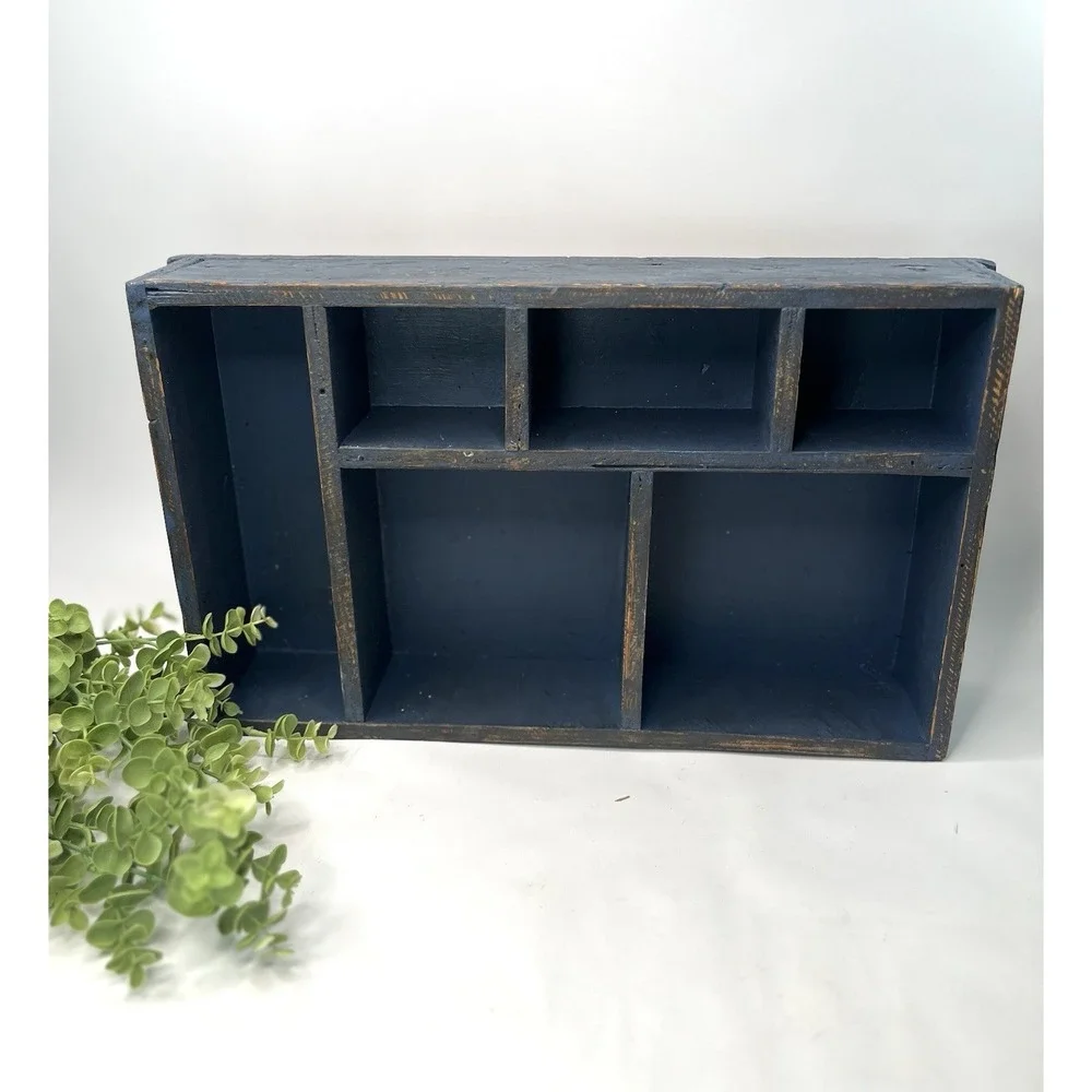 Rustic Wooden Desk Organizer Tray Distressed Navy Blue Wall Hanging Cottagecore